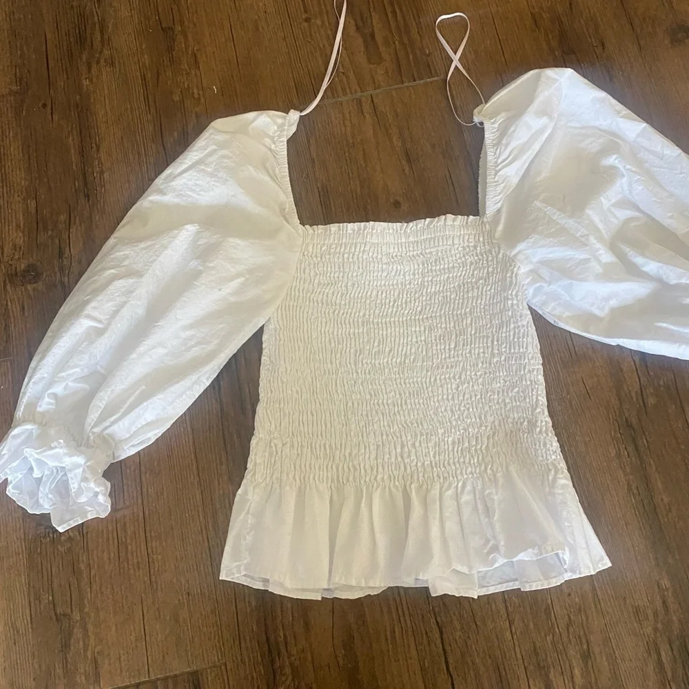 Zara Gray Smocked Puff Sleeve Blouse M